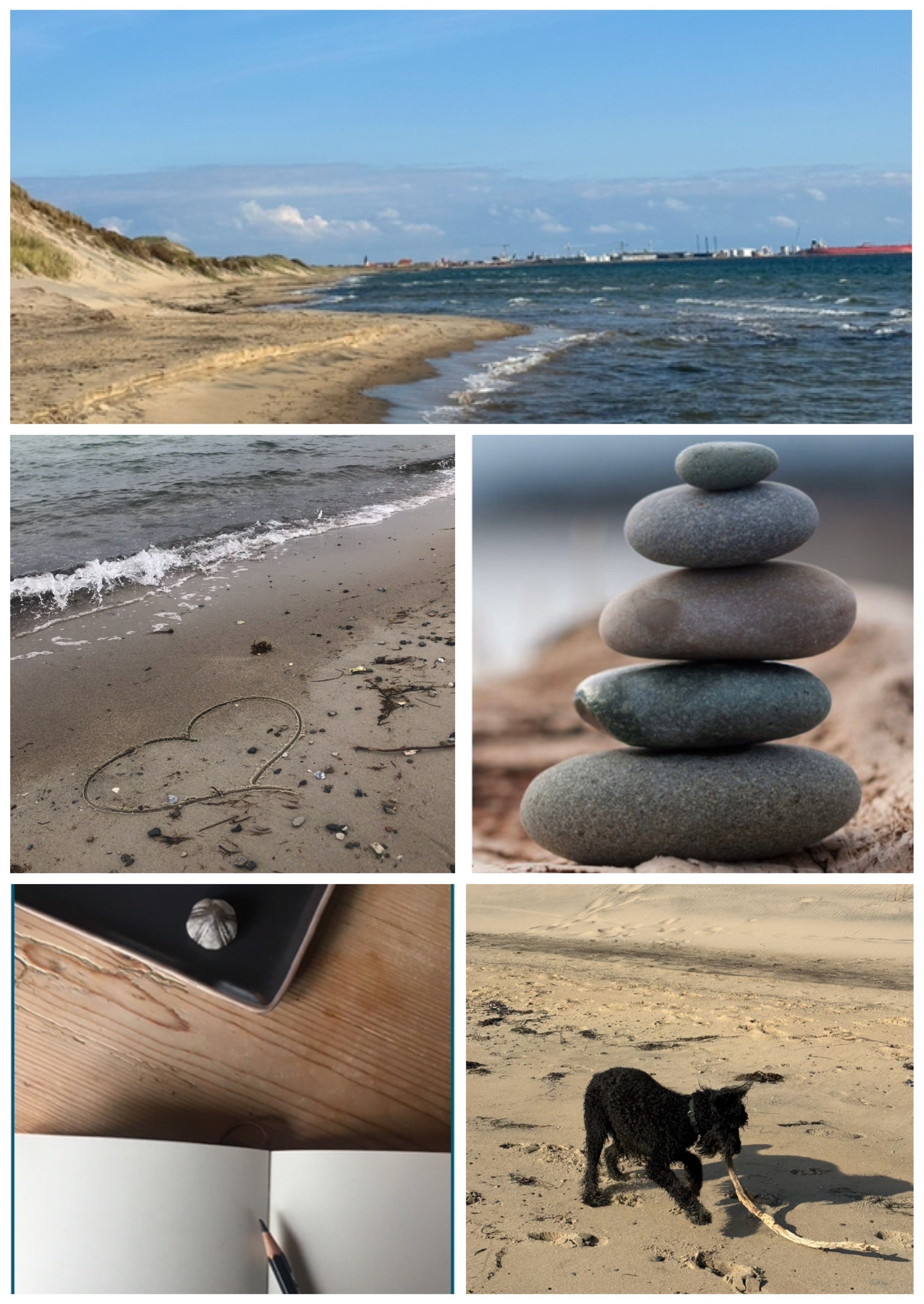 Stemningsfuld collage fra Skagen med strand, sten, notesbog og Luis på stranden